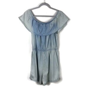 Speed Control New York Chambray Off Shoulder Romper in Light Wash Blue